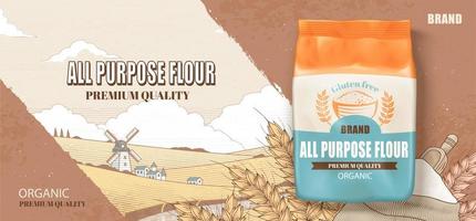 Flour pack advertisement design. Illustration of a 3d all-purpose flour package on an engraving background of a flour sack, wheat, and its place of origin vector