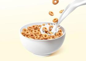 A bowl of ring cereals or cheerios with pouring milk splashes. 3d realistic food element isolated on light yellow background. vector