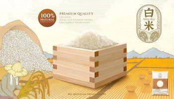 Template of rice product ad. 3d mockup of steamed rice in the wooden container. Engraving sketch of sheaves of straw on a paddy field, and a farmer working in the background vector