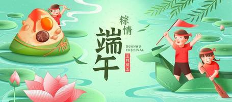 Banner for Duanwu Festival in hand drawn style, with children doing various holiday activities on the pond. Chinese translation, happy Dragon Boat Festival on the 5th day of the fifth lunar month vector