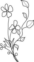 Linear wildflowers bouquet. Summer meadow line art wildflowers, herbs and stems. vector