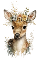aguarela fofa mão desenhado cervo, castanho dentro floral guirlanda, flores ramalhete, generativo ai, png transparente fundo.