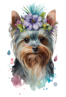 Watercolor cute hand drawn Yorkshire Terrier, dog in floral wreath, flowers bouquet, png