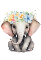 Watercolor cute hand drawn elephant, elephant in floral wreath, flowers bouquet, png