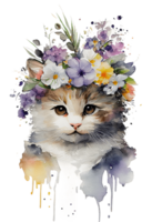 Watercolor cute hand drawn Cat, kitten in floral wreath, flowers bouquet, , png transparent background.