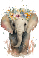Watercolor cute hand drawn elephant, elephant in floral wreath, flowers bouquet, png