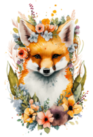 Watercolor cute hand drawn Fox, Fox in floral wreath, flowers bouquet, png