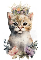 acuarela linda mano dibujado gato, gatito en floral guirnalda, flores ramo, generativo ai, png transparente antecedentes.