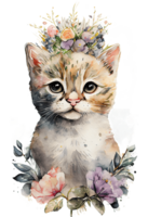 Aquarell süß Hand gezeichnet Katze, Kätzchen im Blumen- Kranz, Blumen Strauß, generativ ai, png transparent Hintergrund.