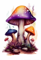 la magie champignon dans le forêt avec coloré, champignon loger, la magie champignon aquarelle, génératif ai png