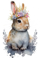 Watercolor cute hand drawn rabbit, Bunny in floral wreath, flowers bouquet, png