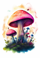 la magie champignon dans le forêt avec coloré, champignon loger, la magie champignon aquarelle, génératif ai png