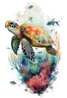 Watercolor of sea turtle, turtle swimming underwater in the ocean, png