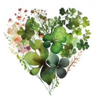 Shamrock leaves in the heart shape, St Patrick's day, Watercolor clover leaves, watercolor spring background, png