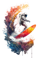 astronauts surf on a surfboard in space with stars watercolor painting, planets, PNG transparent background, .