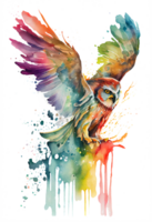 acuarela pintura de un fluido búho pájaro volador hacia arriba en un transparente fondo, png, generativo ai png