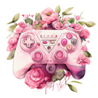 vattenfärg spel kontrollant med rosa blomma, rosa joystick innehav blommor, lady gamer begrepp, generativ ai. png