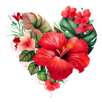 heart shaped hibiscus bouquet, Romantic heart vignette made of vintage flowers and leaves of hibiscus in gentle retro style watercolor painting, PNG transparent background, .