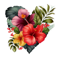 heart shaped hibiscus bouquet, Romantic heart vignette made of vintage flowers and leaves of hibiscus in gentle retro style watercolor painting, PNG transparent background, .