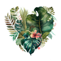 hart vormig tropisch blad boeket, romantisch hart vignet gemaakt van wijnoogst tropisch bladeren teder retro stijl waterverf schilderen, PNG transparant achtergrond, generatief ai.