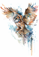 aquarelle La peinture de une écoulement hibou oiseau en volant vers le haut sur une transparent arrière-plan, png, génératif ai png