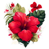 heart shaped hibiscus bouquet, Romantic heart vignette made of vintage flowers and leaves of hibiscus in gentle retro style watercolor painting, PNG transparent background, generative AI.
