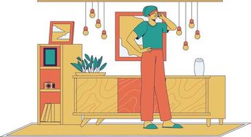 joven hombre en el vivo habitación con mueble personaje vector ilustración diseño