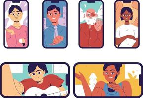 Set of avatars of men and women in smartphones. Flat vector illustration.