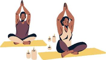 interracial couple practicing yoga in lotus position characters vector illustration design