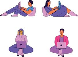 Vector illustration of young people sitting on the floor and using laptops. Freelance and remote work concept.