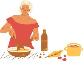 mayor mujer Cocinando en el cocina. plano vector ilustración.