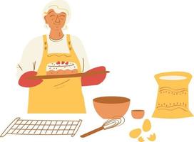 Elderly woman in apron cooking cake. Vector illustration.