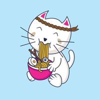 Cat eat noodle vector