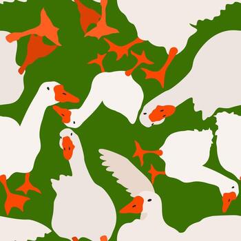 Vector seamless pattern with geese on green background.