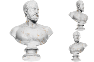 3D render of a historical bust statue with stone texture and gold accents. Ideal for historical design projects. png