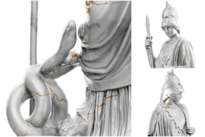 3d rendere di un' storico fallimento statua con pietra struttura e oro accenti. ideale per storico design progetti. png