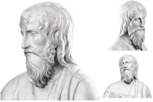 3D render of a historical bust statue with stone texture and gold accents. Ideal for historical design projects. png