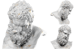 3D render of a historical bust statue with stone texture and gold accents. Ideal for historical design projects. png