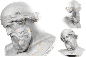 3D render of a historical bust statue with stone texture and gold accents. Ideal for historical design projects. png