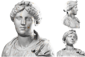 3D render of a historical bust statue with stone texture and gold accents. Ideal for historical design projects. png