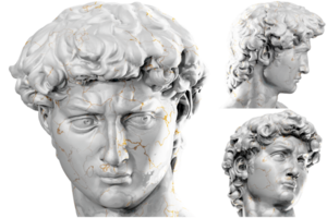 3D render of a historical bust statue with stone texture and gold accents. Ideal for historical design projects. png