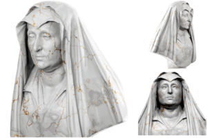 3D render of a historical bust statue with stone texture and gold accents. Ideal for historical design projects. png