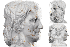 3d rendre de une historique buste statue avec pierre texture et or accents. idéal pour historique conception projets. png