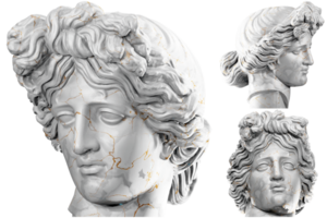 3D render of a historical bust statue with stone texture and gold accents. Ideal for historical design projects. png