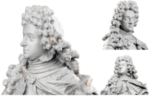 3D render of a historical bust statue with stone texture and gold accents. Ideal for historical design projects. png