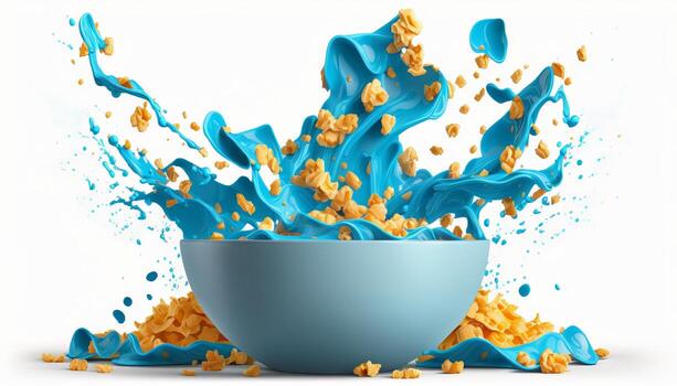 cornflakes in blue bowl. Breakfast cereal with splashing milk isolated on white background. photo