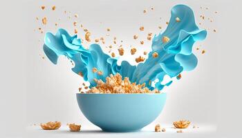 cornflakes in blue bowl. Breakfast cereal with splashing milk isolated on white background. photo