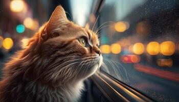 Funny cat rides in a car and looks out of the window at the street. photo