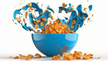 cornflakes in blue bowl. Breakfast cereal with splashing milk isolated on white background. photo