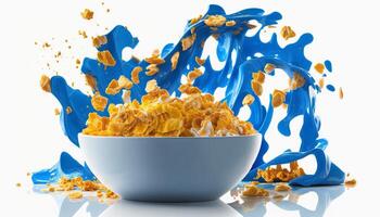 cornflakes in blue bowl. Breakfast cereal with splashing milk isolated on white background. photo